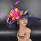 Navy Blue,Fuchsia Pink, Orange Feather Flower Wide Brim Sinamay hat, Kentucky derby Hat, Wedding Guest Hat, Tea Party Hat, Ascot Royal Style