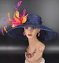 Navy Blue,Fuchsia Pink, Orange Feather Flower Wide Brim Sinamay hat, Kentucky derby Hat, Wedding Guest Hat, Tea Party Hat, Ascot Royal Style