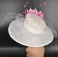 Wide Brim Sinamay Kentucky Derby Hat: White with Pink Feather Flower