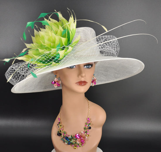 White Green Feather Flower  Wide Brim Sinamay hat, Kentucky derby Hat, Wedding Guest Hat, Tea Party Hat, Ascot Royal Style Hat,Oaks Day Hat