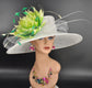 White Green Feather Flower  Wide Brim Sinamay hat, Kentucky derby Hat, Wedding Guest Hat, Tea Party Hat, Ascot Royal Style Hat,Oaks Day Hat