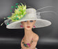 White Green Feather Flower  Wide Brim Sinamay hat, Kentucky derby Hat, Wedding Guest Hat, Tea Party Hat, Ascot Royal Style Hat,Oaks Day Hat