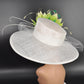 White Green Feather Flower  Wide Brim Sinamay hat, Kentucky derby Hat, Wedding Guest Hat, Tea Party Hat, Ascot Royal Style Hat,Oaks Day Hat
