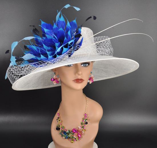 Wide Brim Sinamay Hat Church Kentucky Derby Hat Carriage Tea Party Wedding Hat Feather Flower Ostrich Quills White w Mix  Blue  Flower