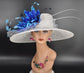 Wide Brim Sinamay Hat Church Kentucky Derby Hat Carriage Tea Party Wedding Hat Feather Flower Ostrich Quills White w Mix  Blue  Flower