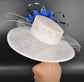 Wide Brim Sinamay Hat Church Kentucky Derby Hat Carriage Tea Party Wedding Hat Feather Flower Ostrich Quills White w Mix  Blue  Flower