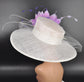 Wide Brim Sinamay Derby Hat: White Feather Flower, Ostrich Quills