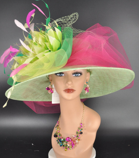 Wide Brim Sinamay Kentucky Derby Hat: Green, Hot Pink Floral Tea Party Hat