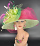 Wide Brim Sinamay Kentucky Derby Hat: Green, Hot Pink Floral Tea Party Hat