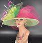Wide Brim Sinamay Kentucky Derby Hat: Green, Hot Pink Floral Tea Party Hat
