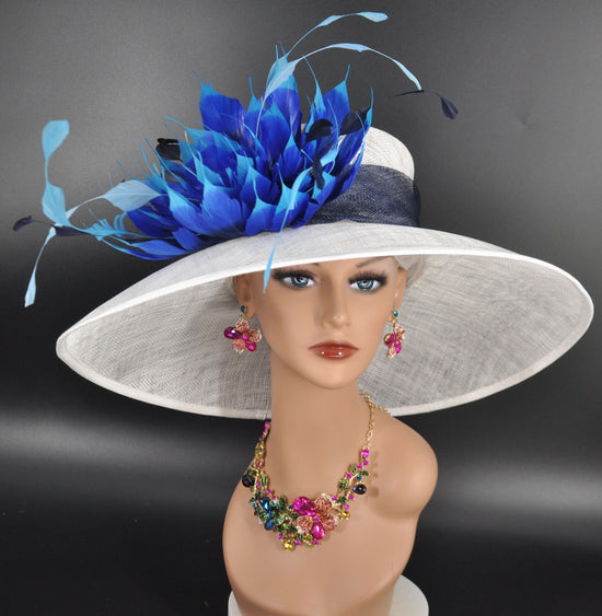 Sinamay Kentucky Derby Hat: White Wide Brim with Blue Feather Flower