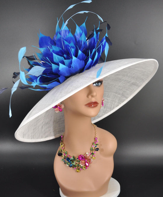 Sinamay Derby Hat: White Wide Brim with Blue Feather Flower