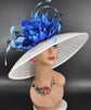 Sinamay Kentucky Derby Hat: White Wide Brim with Blue Feather Flower