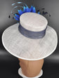 Sinamay Kentucky Derby Hat: White Wide Brim with Blue Feather Flower