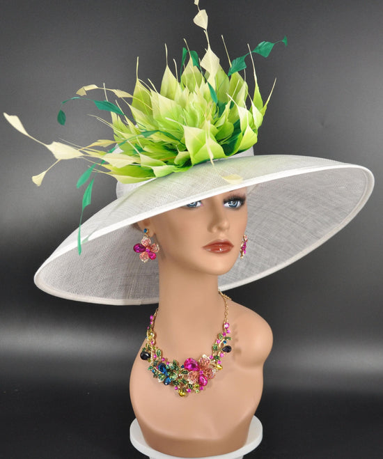 White Sinamay Kentucky Derby Hat: Green Feather Flower Wide Brim