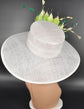 White Sinamay Kentucky Derby Hat: Green Feather Flower Wide Brim