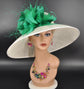 Sinamay Kentucky Derby Hat: Ivory Wide Brim with Green Feather Flower