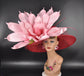Wide Brim Sinamay Kentucky Derby Hat: Red, Pink Flower & Feathers