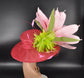 Wide Brim Sinamay Kentucky Derby Hat: Red, Pink Flower & Feathers