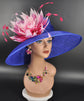 Royal Blue Sinamay Derby Hat: Fuchsia Feather Flower, Wide Brim