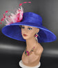Royal Blue Sinamay Derby Hat: Fuchsia Feather Flower, Wide Brim