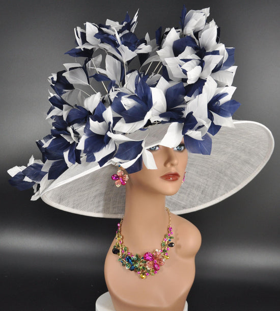 Church, Kentucky Derby Hat,Wide Brim Sinamay Hat ,Carriage, Tea Party ,Wedding , White w Navy Blue  Feather Flower