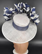 Church, Kentucky Derby Hat,Wide Brim Sinamay Hat ,Carriage, Tea Party ,Wedding , White w Navy Blue  Feather Flower