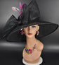 Wide Brim Sinamay Hat Church Kentucky Derby Hat Carriage Tea Party Wedding Jumbo Bows Black w Mix Pink Feathers