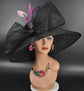 Wide Brim Sinamay Hat Church Kentucky Derby Hat Carriage Tea Party Wedding Jumbo Bows Black w Mix Pink Feathers