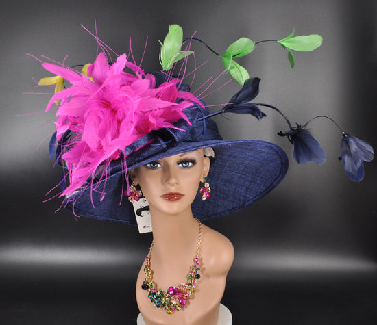 Navy Blue Gree Fuchsia Pink Feather Flower  Wide Brim Sinamay hat, Kentucky derby Hat, Wedding Guest Hat, Tea Party Hat, Ascot Royal Style H