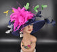 Navy Blue Gree Fuchsia Pink Feather Flower  Wide Brim Sinamay hat, Kentucky derby Hat, Wedding Guest Hat, Tea Party Hat, Ascot Royal Style H