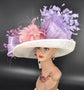 Ivory Sinamay Derby Hat: Lavender & Pink Feathered Wide Brim