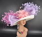Ivory Sinamay Derby Hat: Lavender & Pink Feathered Wide Brim