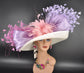 Ivory Sinamay Derby Hat: Lavender & Pink Feathered Wide Brim