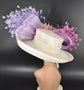 Ivory Sinamay Derby Hat: Lavender & Pink Feathered Wide Brim