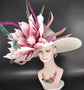Wide Brim Kentucky Derby Hat: Pink Flower, Peacock Feathers