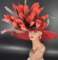 Red Sinamay Wide Brim Kentucky Derby Hat: Feather Flower Wedding Tea Party