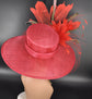 Red Sinamay Wide Brim Kentucky Derby Hat: Feather Flower Wedding Tea Party