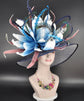 Navy Blue Sinamay Derby Hat: White & Teal Flower, Feather Accents