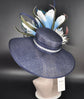 Navy Blue Sinamay Derby Hat: White & Teal Flower, Feather Accents