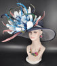 Navy Blue Sinamay Derby Hat: White & Teal Flower, Feather Accents