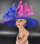 Wide Brim Sinamay Derby Hat: Royal Blue, Fuchsia Bows & Flowers
