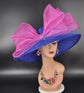 Royal Blue Fuchsia Pink Wide Brim Sinamay Hat Church Kentucky Derby Hat Carriage Tea Party Wedding Hat Bows
