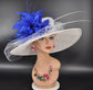 Sinamay Kentucky Derby Hat: White Wide Brim Royal Blue Feather Ascot Hat