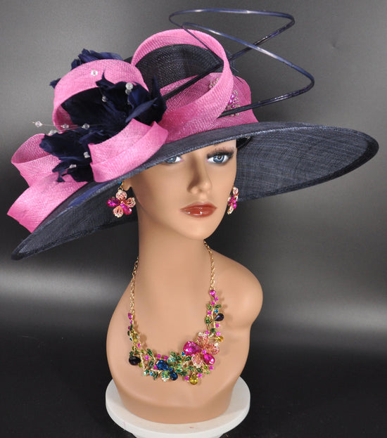 Sinamay Kentucky Derby Hat: Navy Blue Wide Brim with Hot Pink Rhinestones