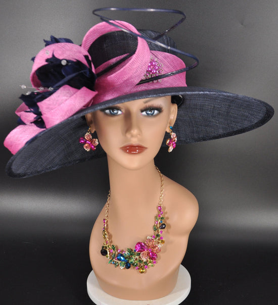 Sinamay Derby Hat: Navy Blue Wide Brim with Hot Pink Rhinestones