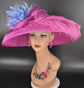 Fuchsia Sinamay Kentucky Derby Hat: Feather Flower Wide Brim