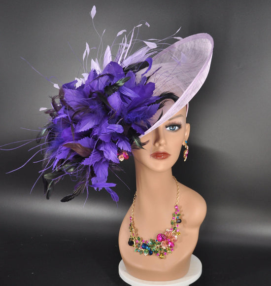 Lilac Sinamay Fascinator Hat: Feather Flower DerbyTea Party Headband
