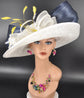 Kentucky Derby Hat: Ivory Sinamay Wide Brim with Navy Abaca Bow