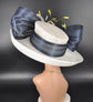 Kentucky Derby Hat: Ivory Sinamay Wide Brim with Navy Abaca Bow